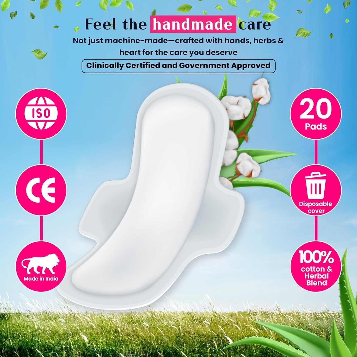 Organic Cotton Plus Herbal Sanitary Pads for Women XXL – Combo Pack of 20 | Organic Sanitary Pads with Aloe Vera, Neem & Camel Grass | Gentle Comfort, Skin-Friendly Napkins for Periods