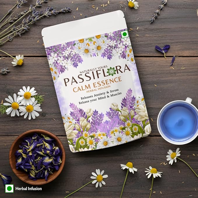 Passiflora Calm Essence Herbal Tea Blend | 100% Natural Stress Relief & Relaxation Tea Blend | Lavender, Chamomile, Butterfly Pea, Ashwagandha & Lemon Balm