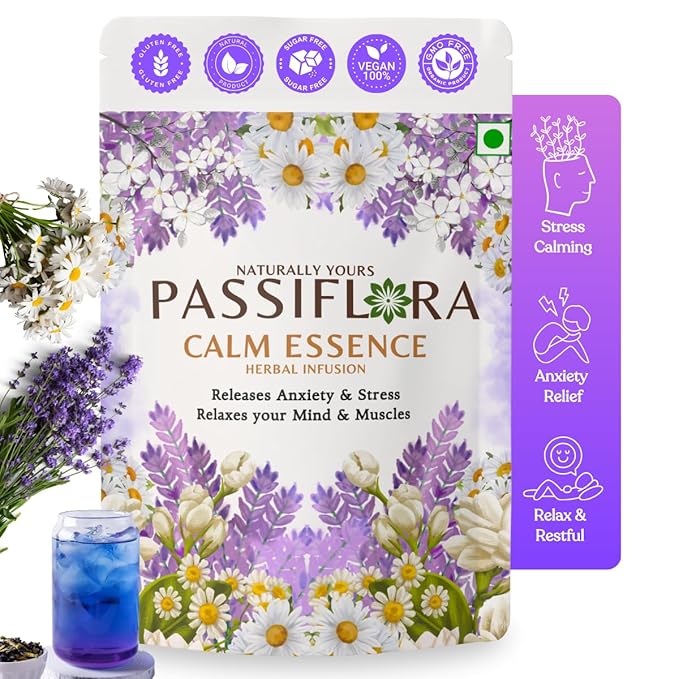 Passiflora Calm Essence Herbal Tea Blend | 100% Natural Stress Relief & Relaxation Tea Blend | Lavender, Chamomile, Butterfly Pea, Ashwagandha & Lemon Balm