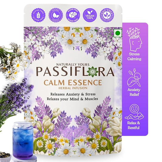 Passiflora Calm Essence Herbal Tea Blend | 100% Natural Stress Relief & Relaxation Tea Blend | Lavender, Chamomile, Butterfly Pea, Ashwagandha & Lemon Balm